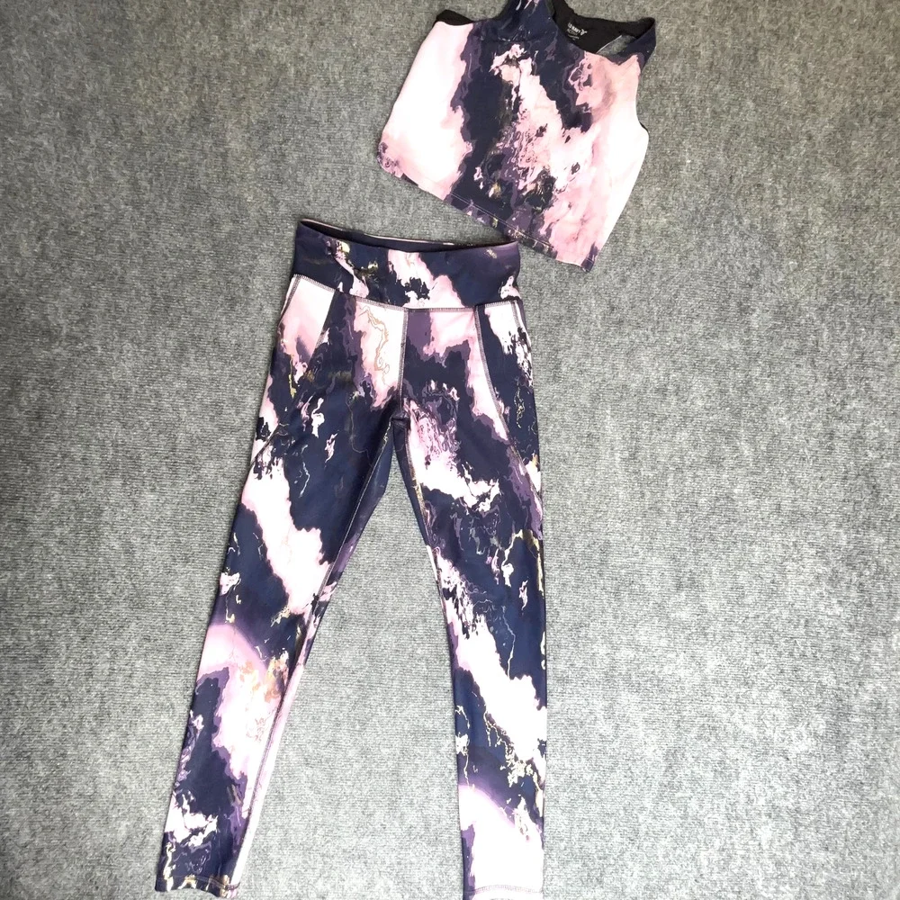 Old Navy Active Powersoft Girls L 10-12 Purple Swirl Leggings Sports Bra Set